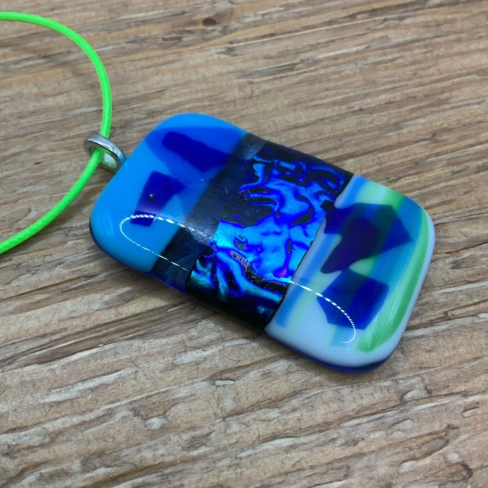 Murano Style Blue Fused Dichromic Glass Pendant Cord Necklace